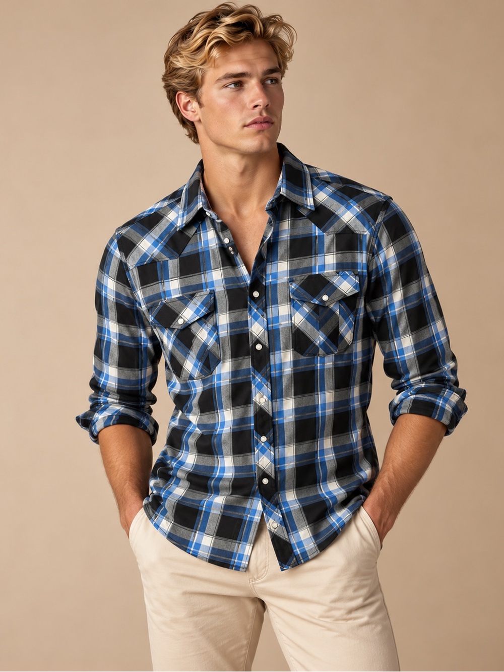 Coevals Club Blue Black Plaid Western Pearl Snap Shirt Size L